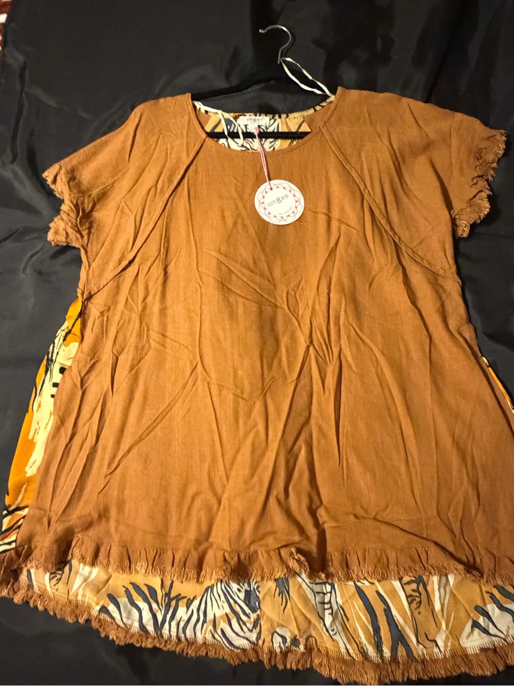 Umgee Zebra Safari Print Frayed Fringe Tunic Top  L NWT